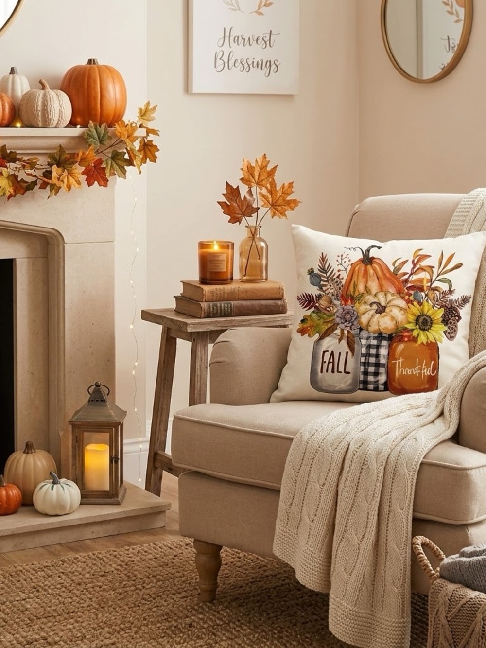 Fall Harvest Pumpkin Mason Jar Throw Pillow & Cover 16”x16”